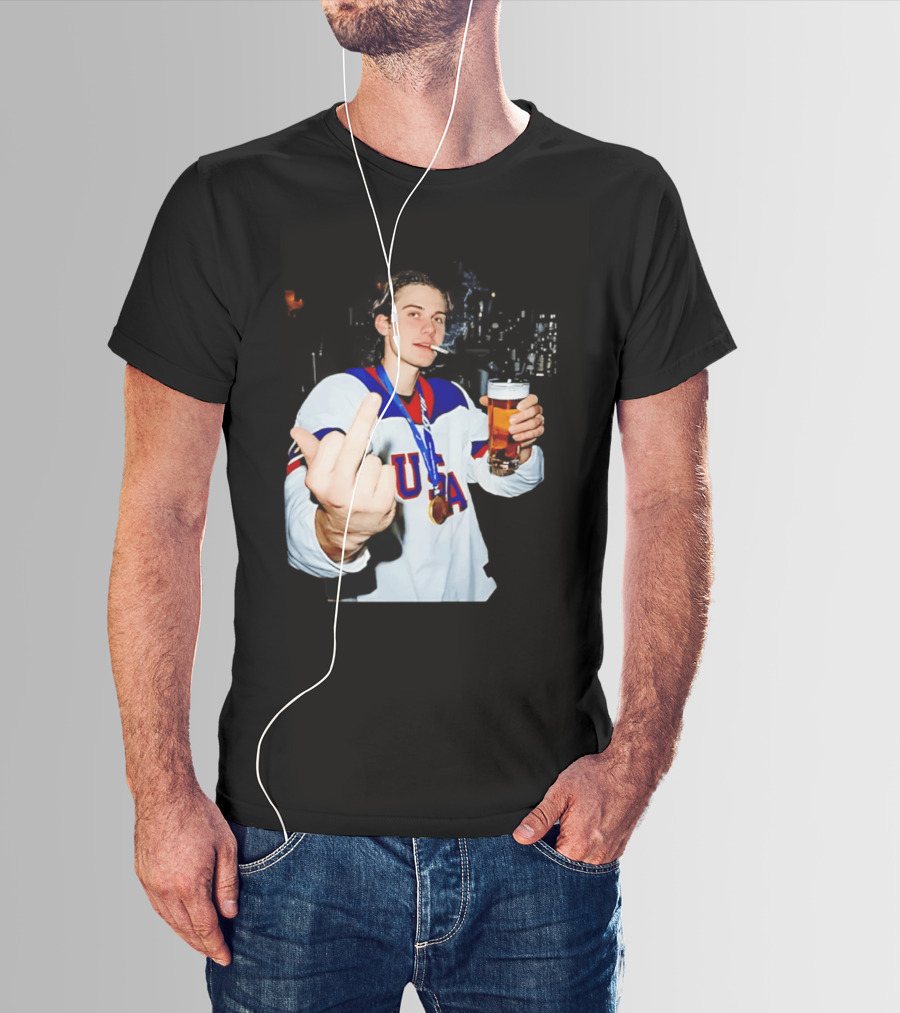 USA Hockey Player Victory Celebration Smoking Beer Middle Finger T-Shirt