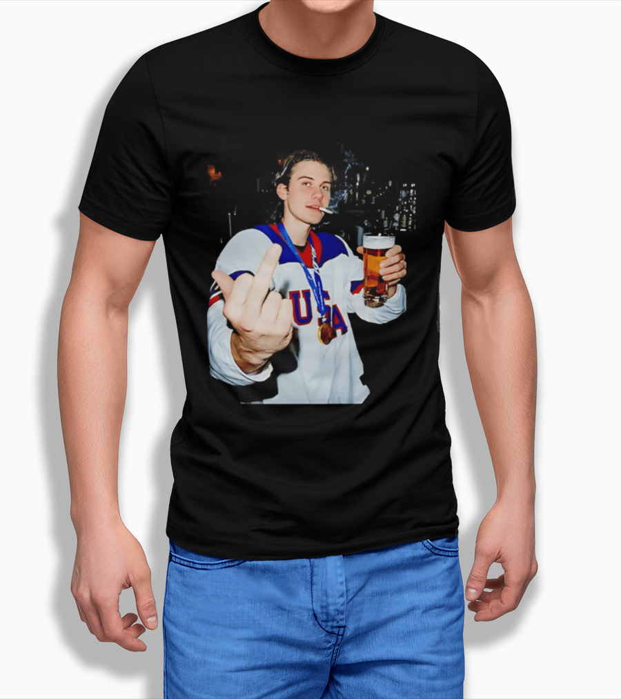 USA Hockey Player Victory Celebration Smoking Beer Middle Finger T-Shirt