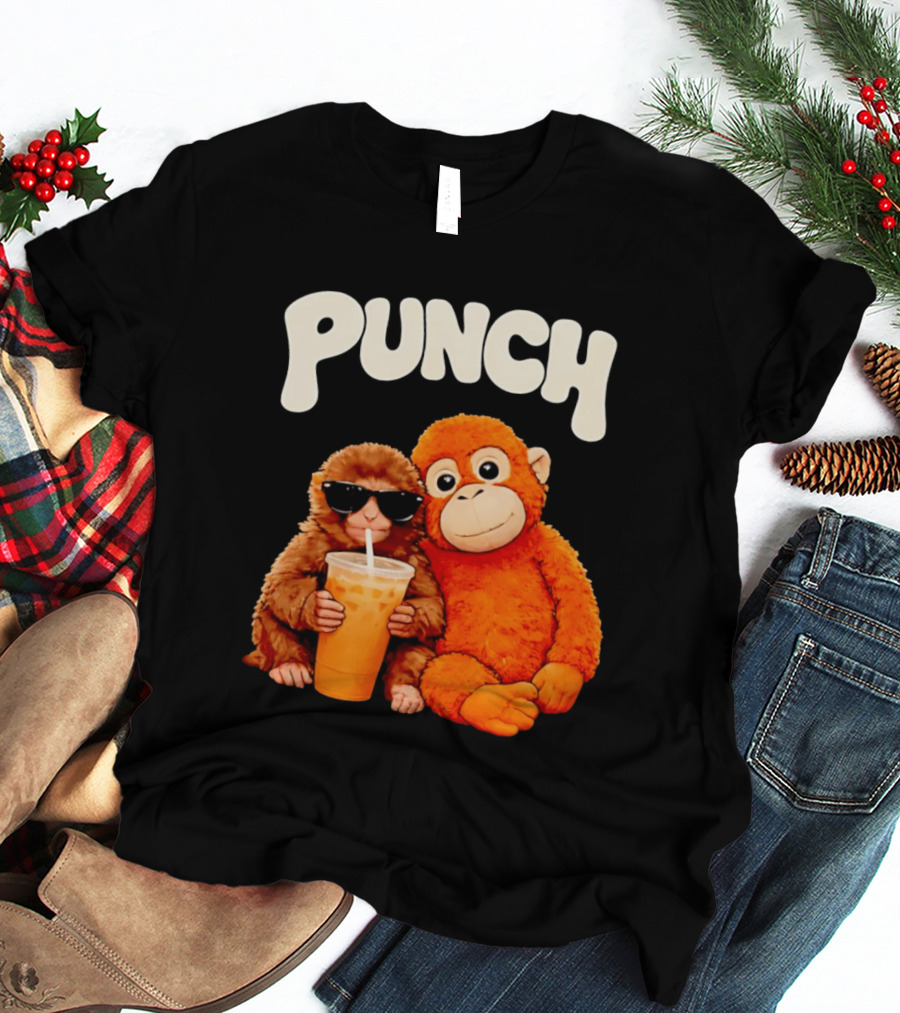 PUNCH Brown Monkey With Orange Plush And Iced Drink T-Shirt
