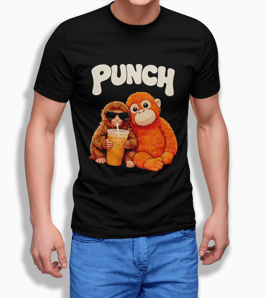 PUNCH Brown Monkey With Orange Plush And Iced Drink T-Shirt
