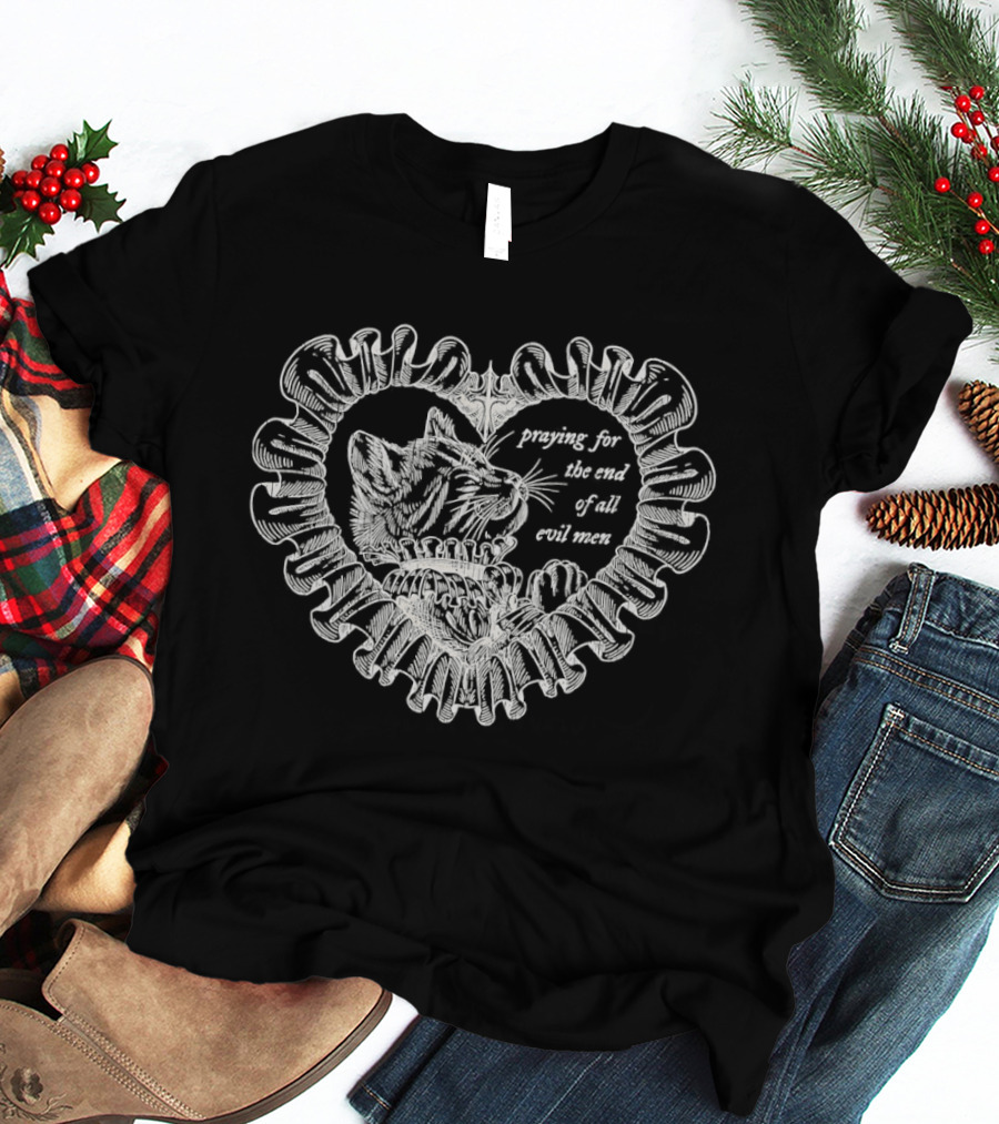 Cat Praying For The End Of All Evil Men Heart Shape T-Shirt