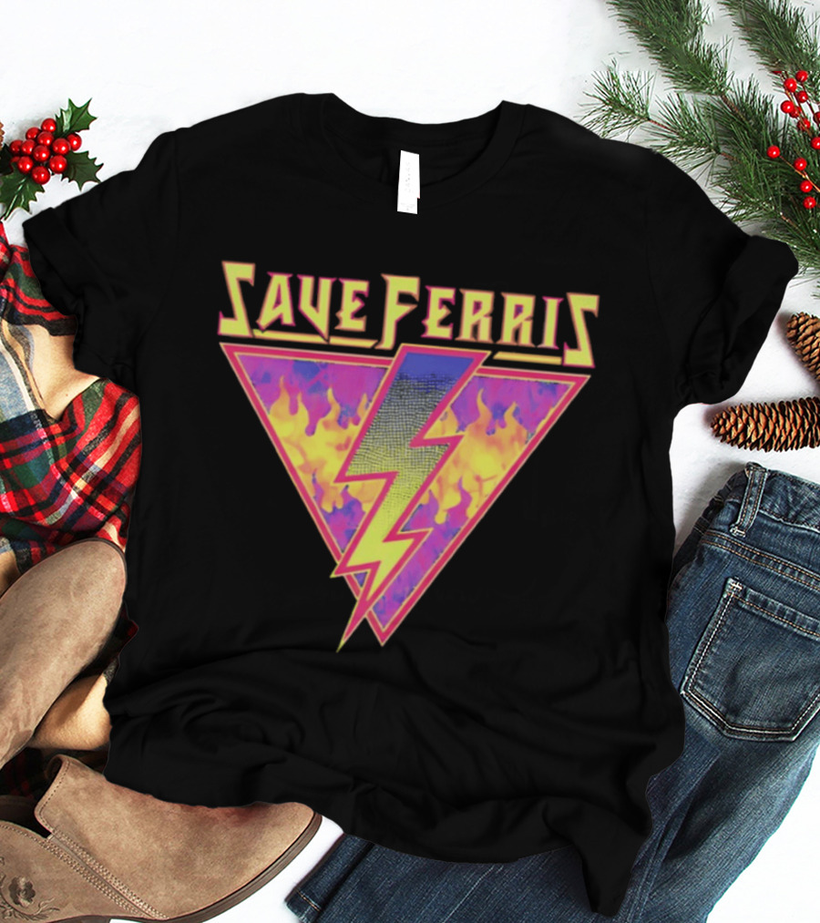 Save Ferris Lightning Bolt Retro 80s Flames T-Shirt