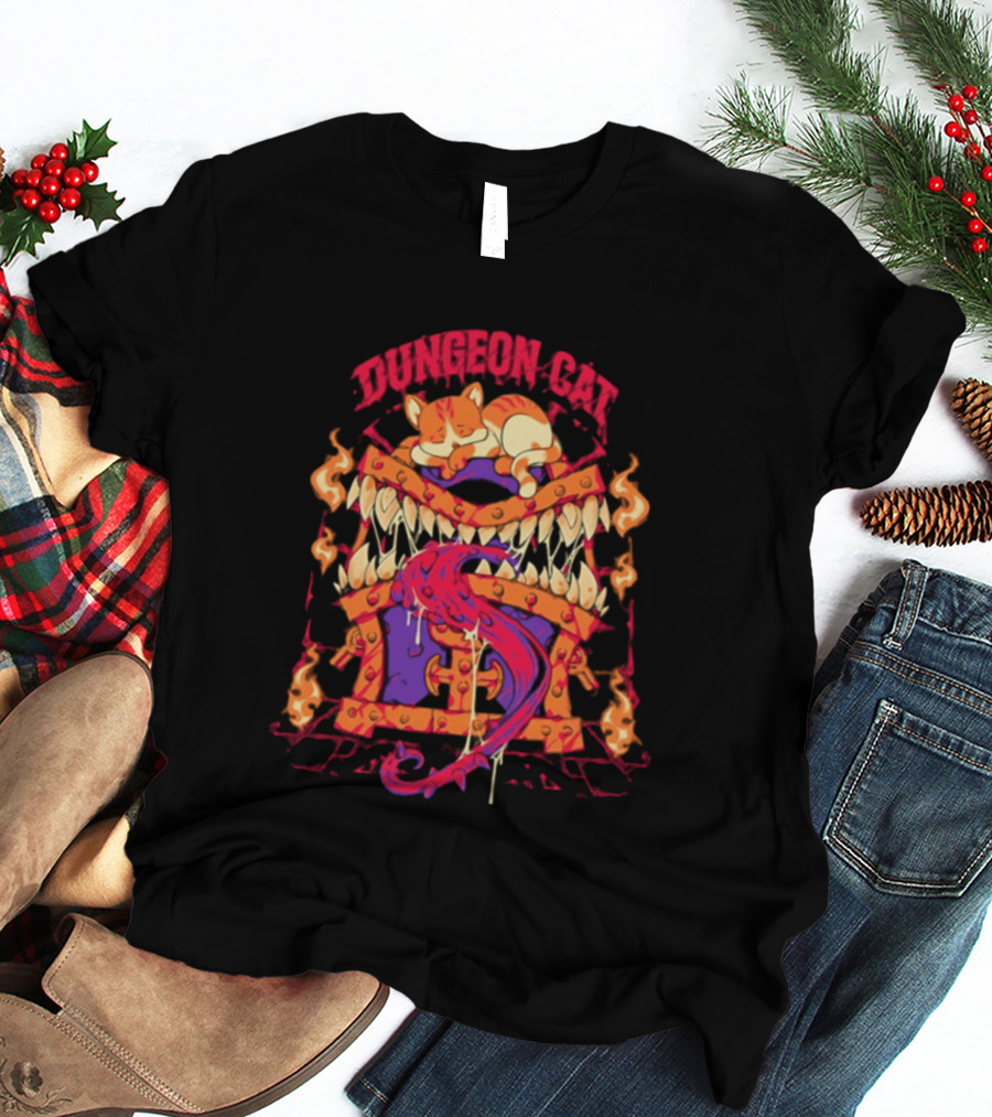 Dungeon Cat Sleeping On Monstrous Chest Surrounded By Flames And Tentacles T-Shirt
