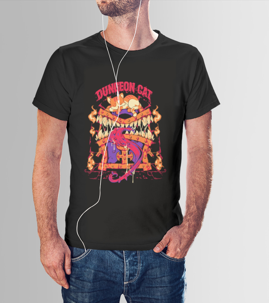 Dungeon Cat Sleeping On Monstrous Chest Surrounded By Flames And Tentacles T-Shirt