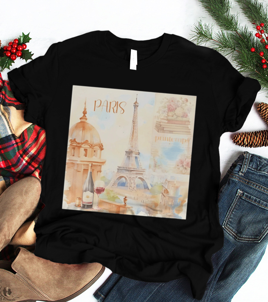 Paris Printemps Eiffel Tower Wine Flowers Books T-Shirt