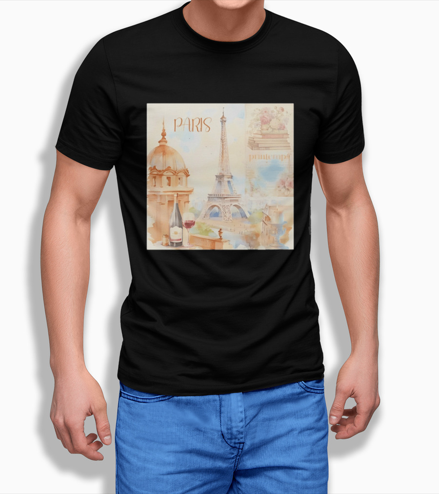 Paris Printemps Eiffel Tower Wine Flowers Books T-Shirt