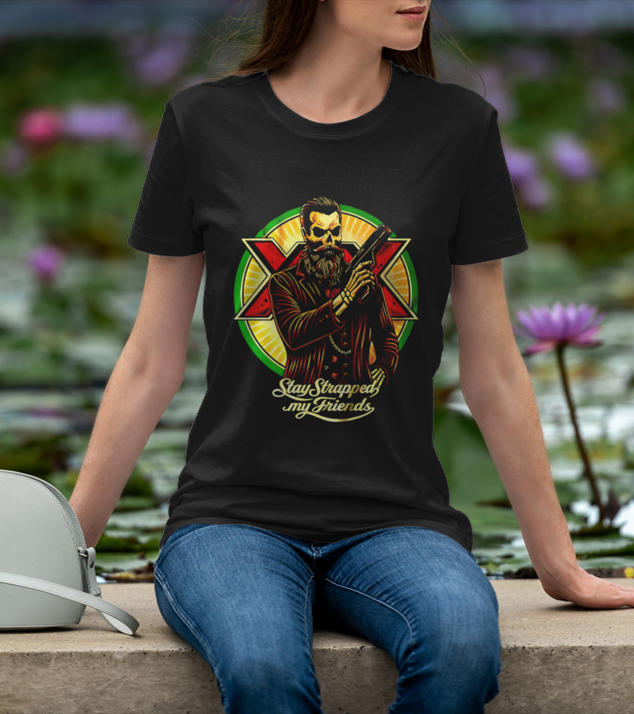 Stay Strapped My Friends Skeleton With Suit And Gun Crossed Circle T-Shirt