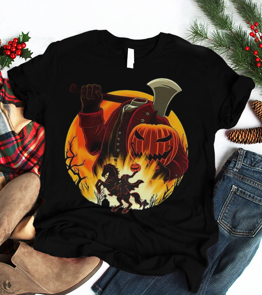 Headless Horseman Galloping Hessian Pumpkin Halloween Axe Rider T-Shirt