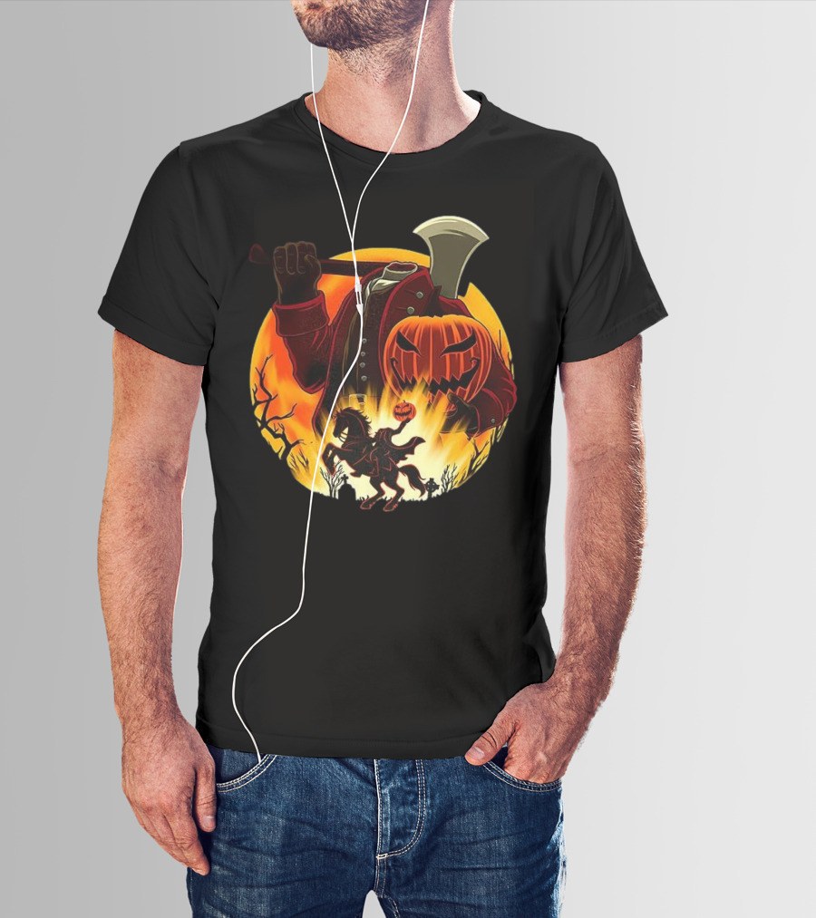 Headless Horseman Galloping Hessian Pumpkin Halloween Axe Rider T-Shirt