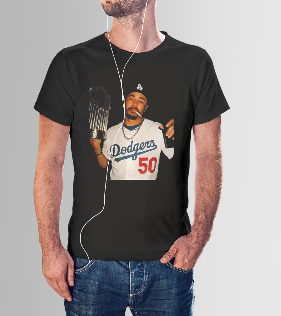 Mookie Betts Dodgers 2025 World Series Champions Celebration Smoking Topps T-Shirt