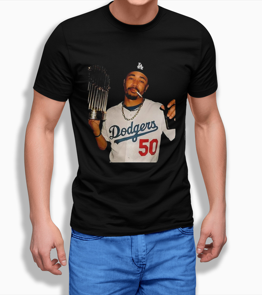 Mookie Betts Dodgers 2025 World Series Champions Celebration Smoking Topps T-Shirt