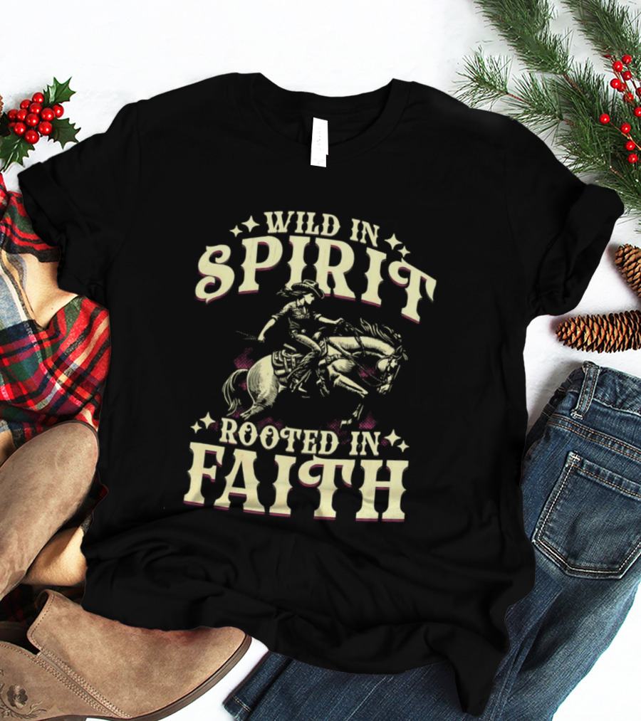 Cowgirl Wild In Spirit Rooted In Faith Equestrian Rider With Horse Western Theme T-Shirt