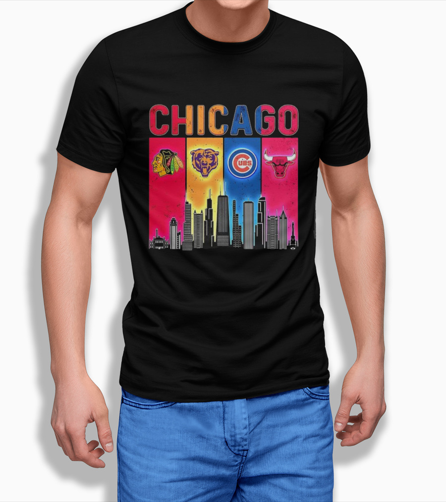Chicago Blackhawks Bears Cubs Bulls Skyline T-Shirt