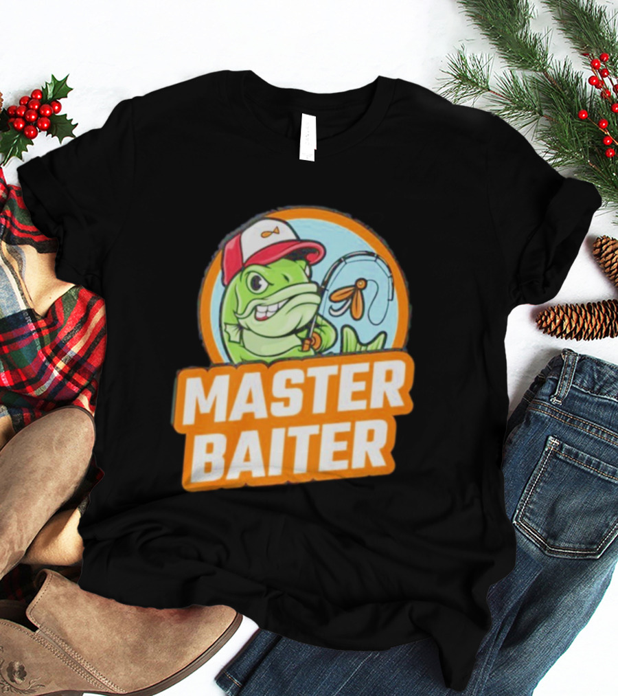 Master Baiter Fishing Cartoon Fish With Red Cap And Fishing Rod T-Shirt