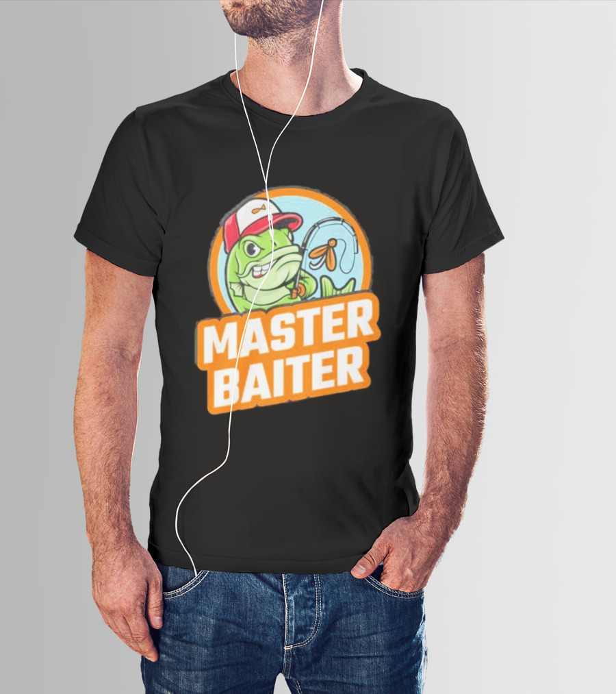 Master Baiter Fishing Cartoon Fish With Red Cap And Fishing Rod T-Shirt