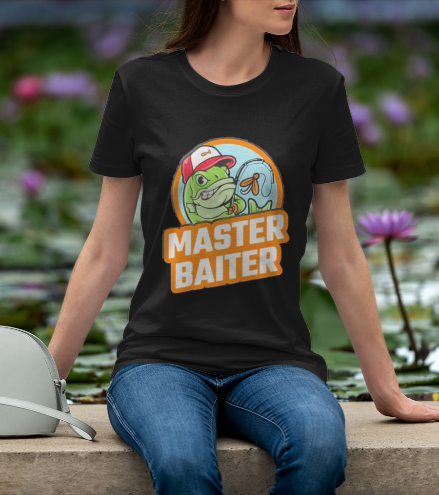 Master Baiter Fishing Cartoon Fish With Red Cap And Fishing Rod T-Shirt
