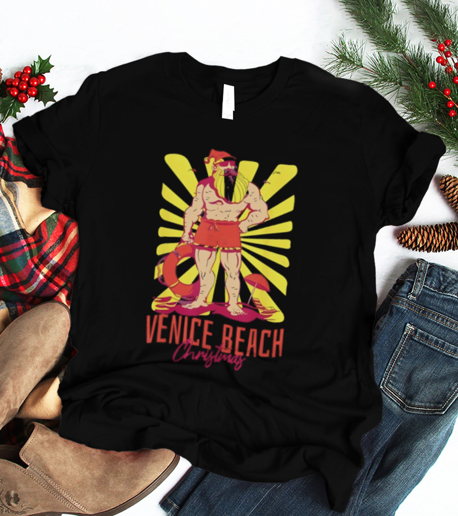 Venice Beach Christmas Lifeguard Santa Sunburst T-Shirt
