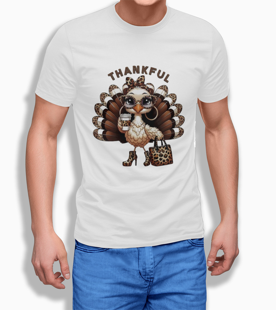 Thankful Leopard Print Turkey Coffee Lover Fashionista T-Shirt