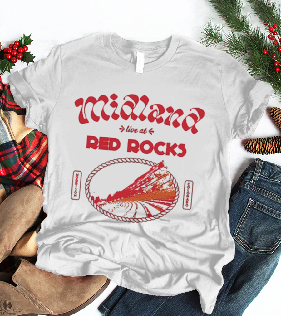 Midland Live At Red Rocks Morrison Colorado Oval Rope And Red Mountain Scene T-Shirt