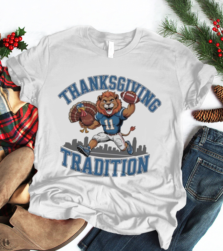 Thanksgiving Tradition Detroit Lions Football Mascot Number 11 Iconic Game Day Skyline T-Shirt