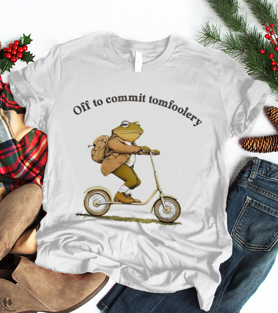 Off To Commit Tomfoolery Frog Riding Scooter With Backpack T-Shirt