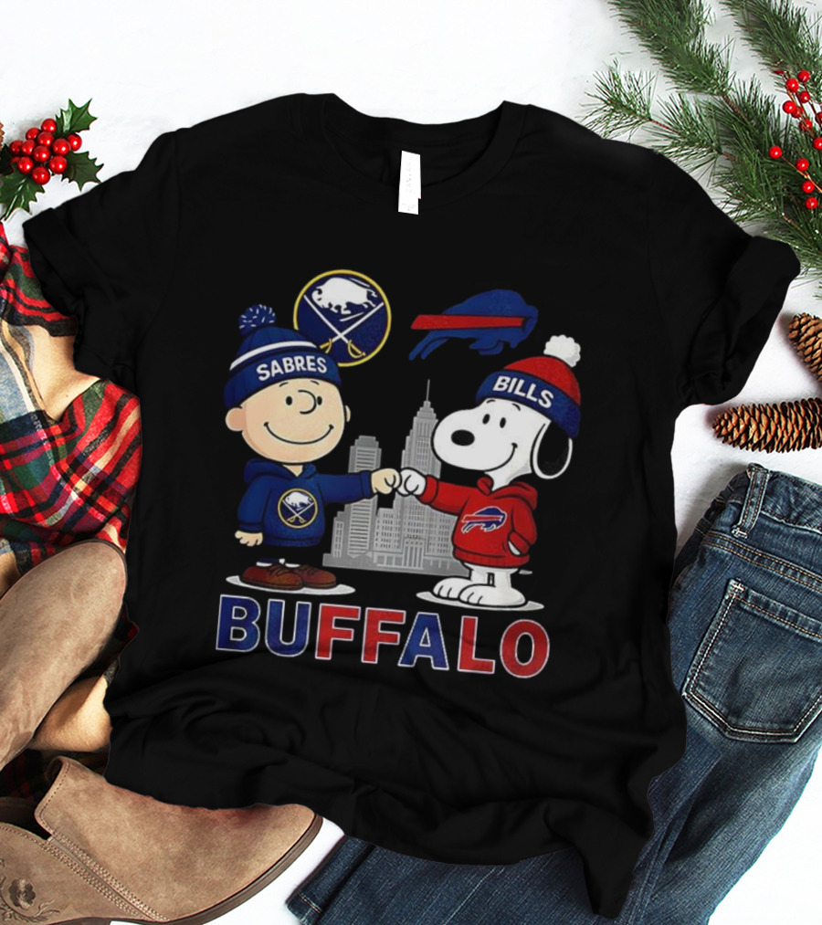 Charlie Brown Snoopy Buffalo Sabres Bills Skyline Fist Bump T-Shirt