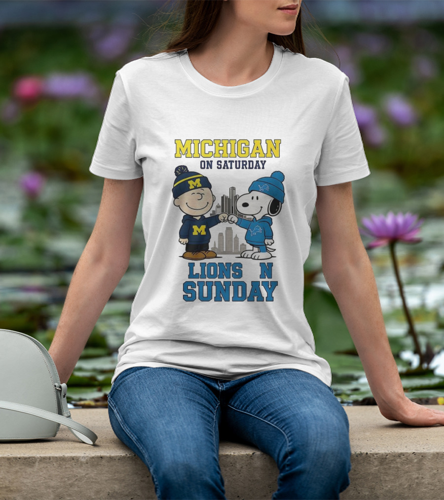 Michigan Wolverines On Saturday Charlie Brown And Snoopy Lions On Sunday T-Shirt