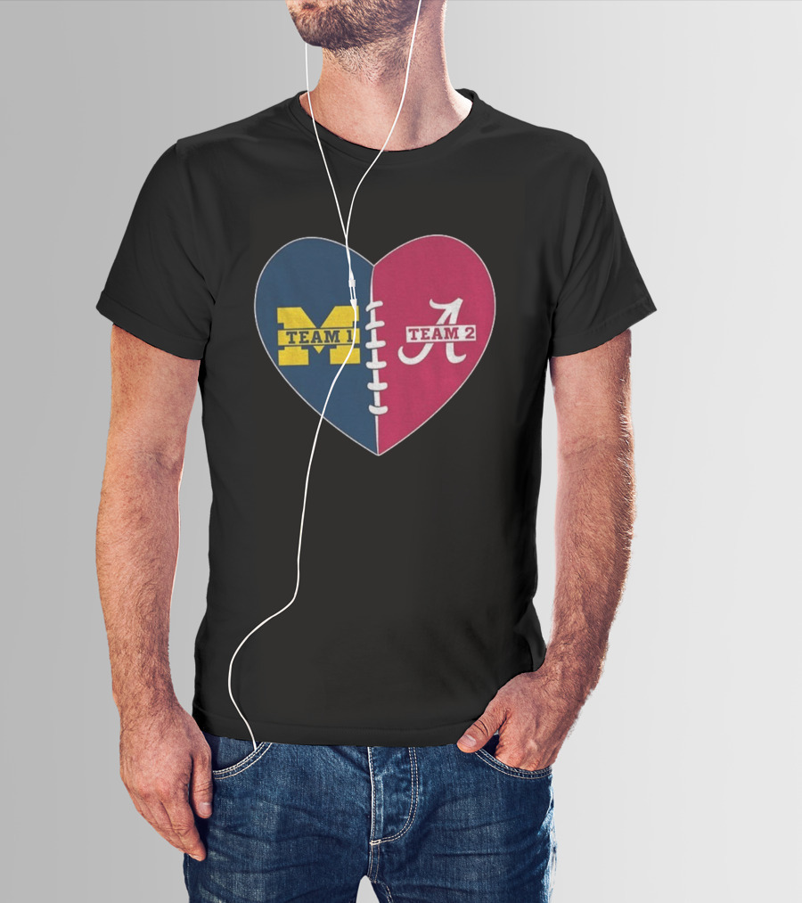 Heart Divided Michigan Wolverines Team 1 Vs Alabama Crimson Tide Team 2 T-Shirt