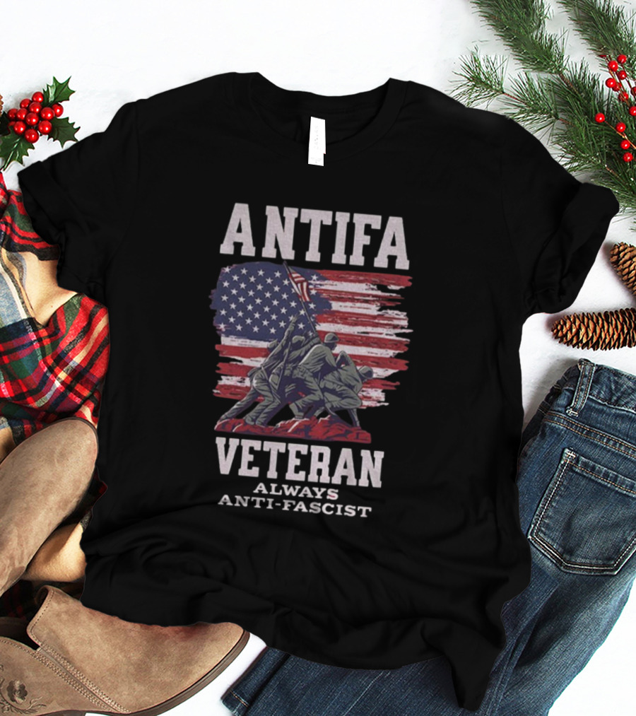 Antifa Veteran Always Anti-Fascist American Flag Iwo Jima Scene T-Shirt