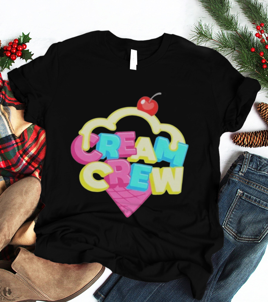 CREAM CREW Ice Cream Cone Cherry Top Colorful Text T-Shirt