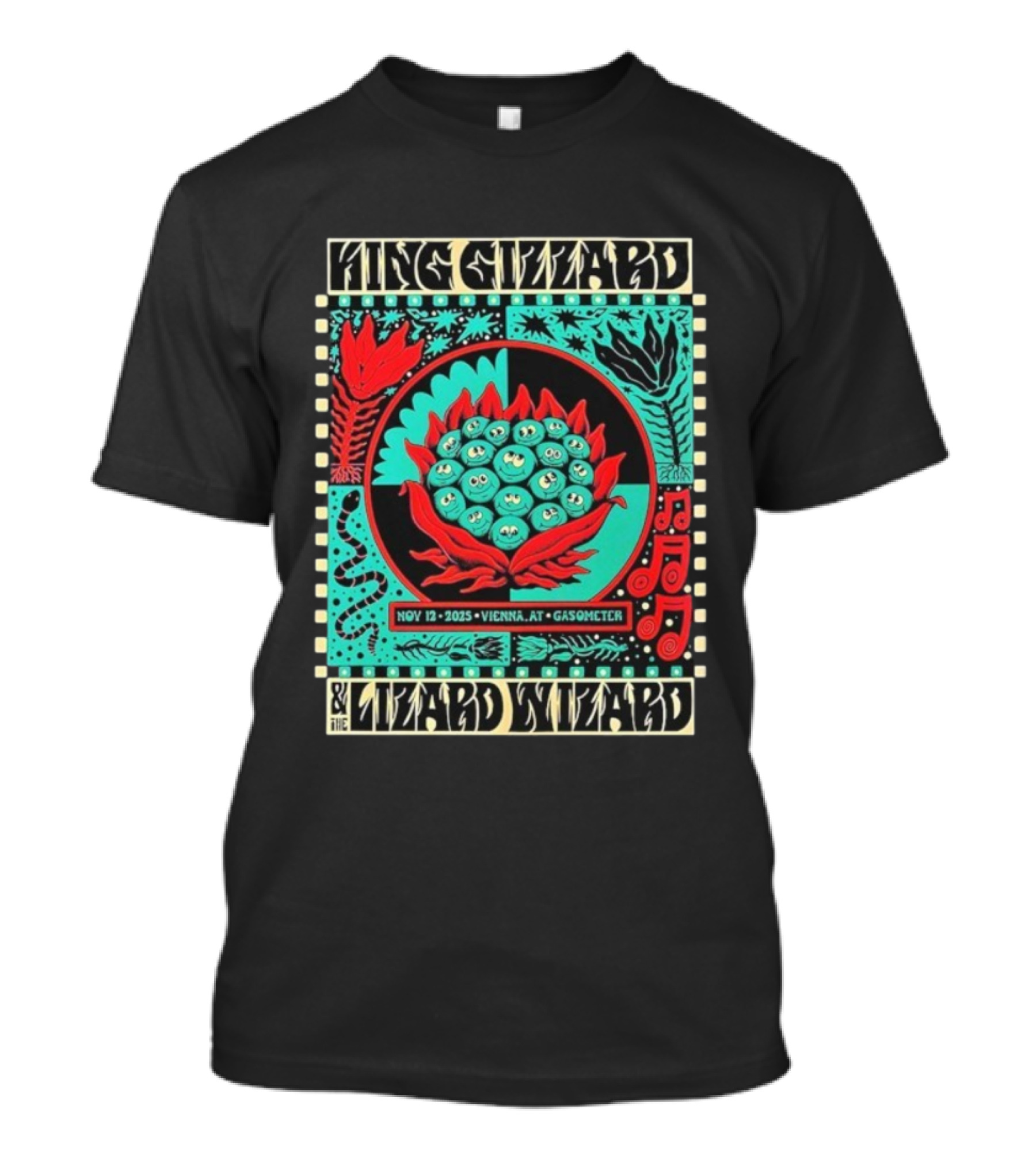 King Gizzard And The Lizard Wizard Vienna Austria November 12 2025 Event At Gasometer Music Notes And Floral Illustration T-Shirt
