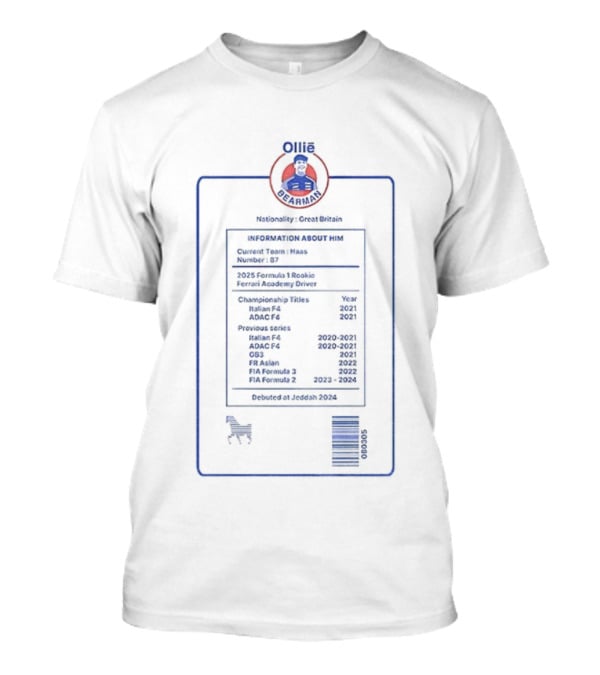 Ollie Bearman Prema Racing Great Britain F1 Racing Information T-Shirt