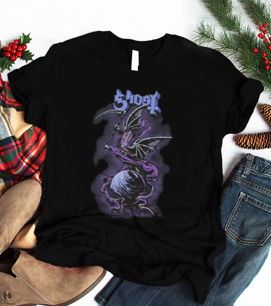 Ghost Papa V Perpetua Grim Reaper Purple Bat Wings Earth Scythe T-Shirt