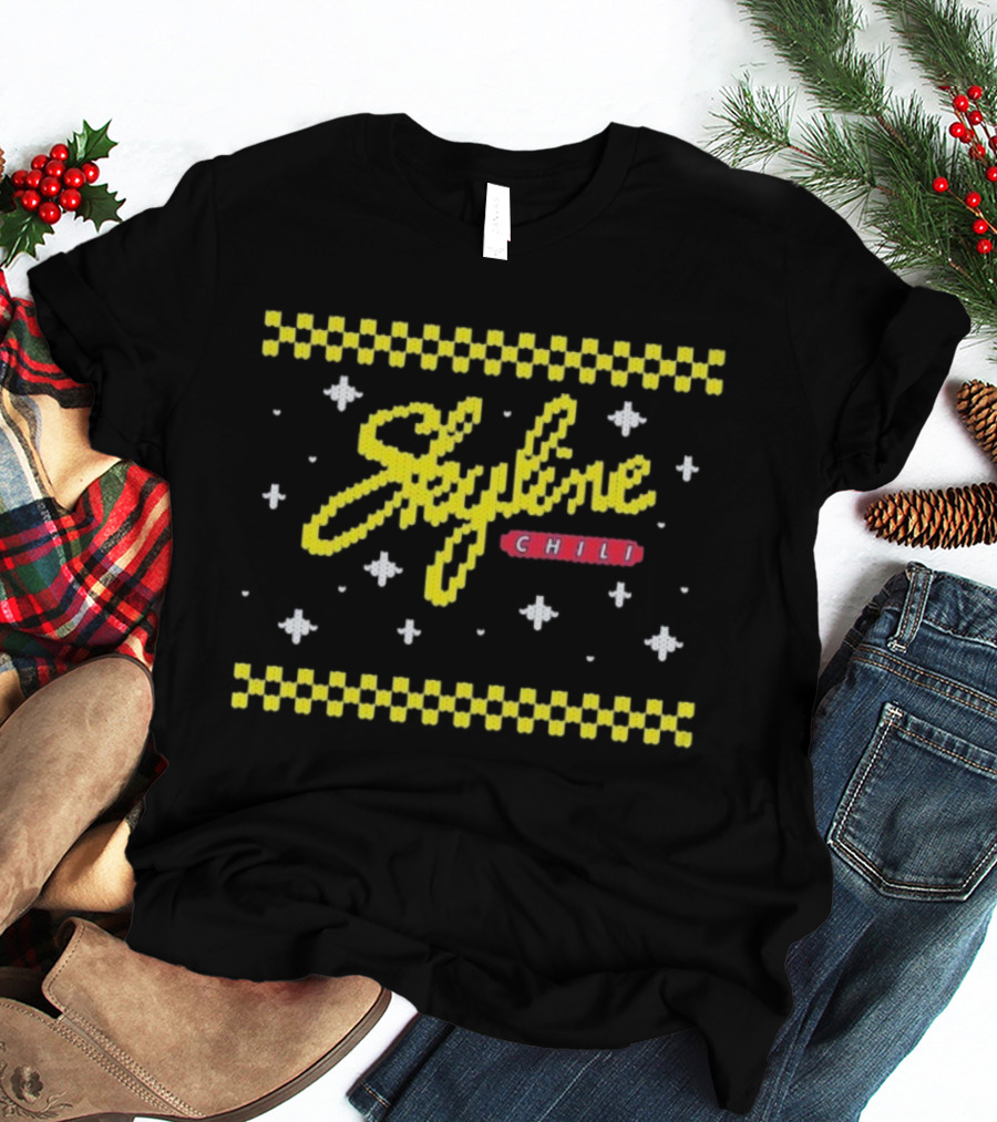 Skyline Chili Christmas Knit Style Retro Festive Checkerboard Snowflakes T-Shirt