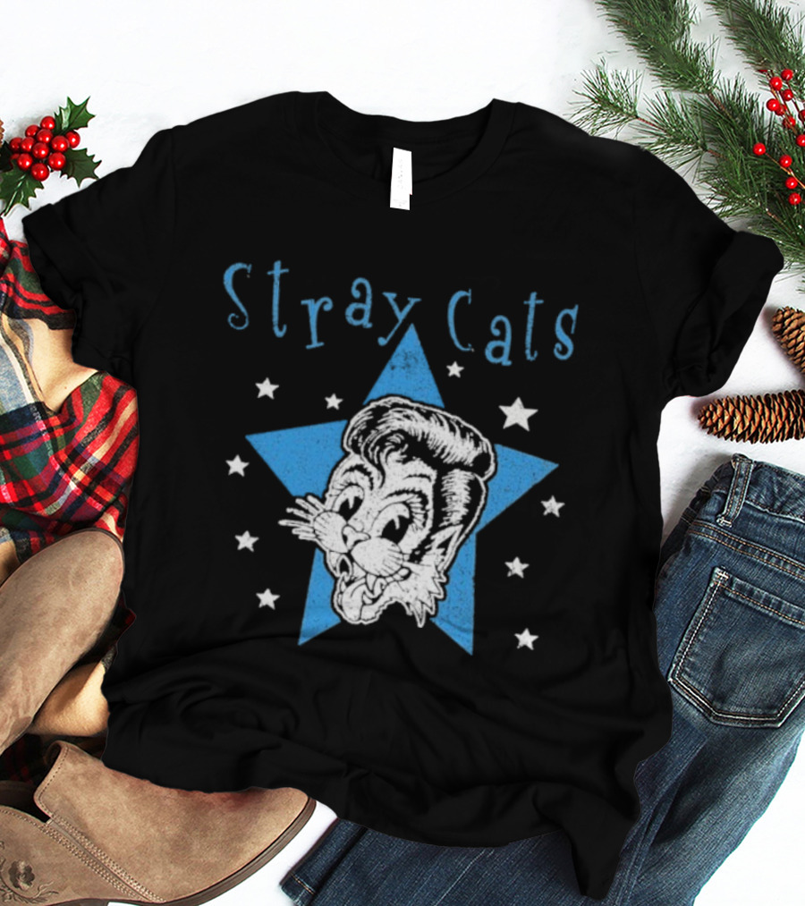 Stray Cats Rockabilly Star Cartoon Face With Blue Star T-Shirt
