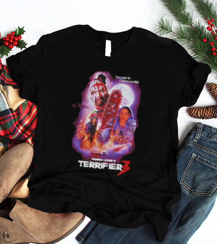 Damien Leone's Terrifier 3 Under The Christmas Moonlight Chainsaw Clown Horror T-Shirt
