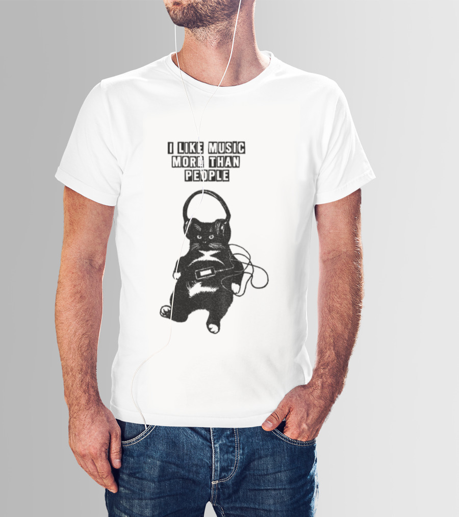 Black Cat With Headphones I Like Music More Than People T-Shirt