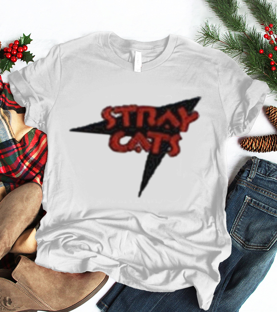 Stray Cats Rockabilly Band Red Text With Black Starburst Background T-Shirt