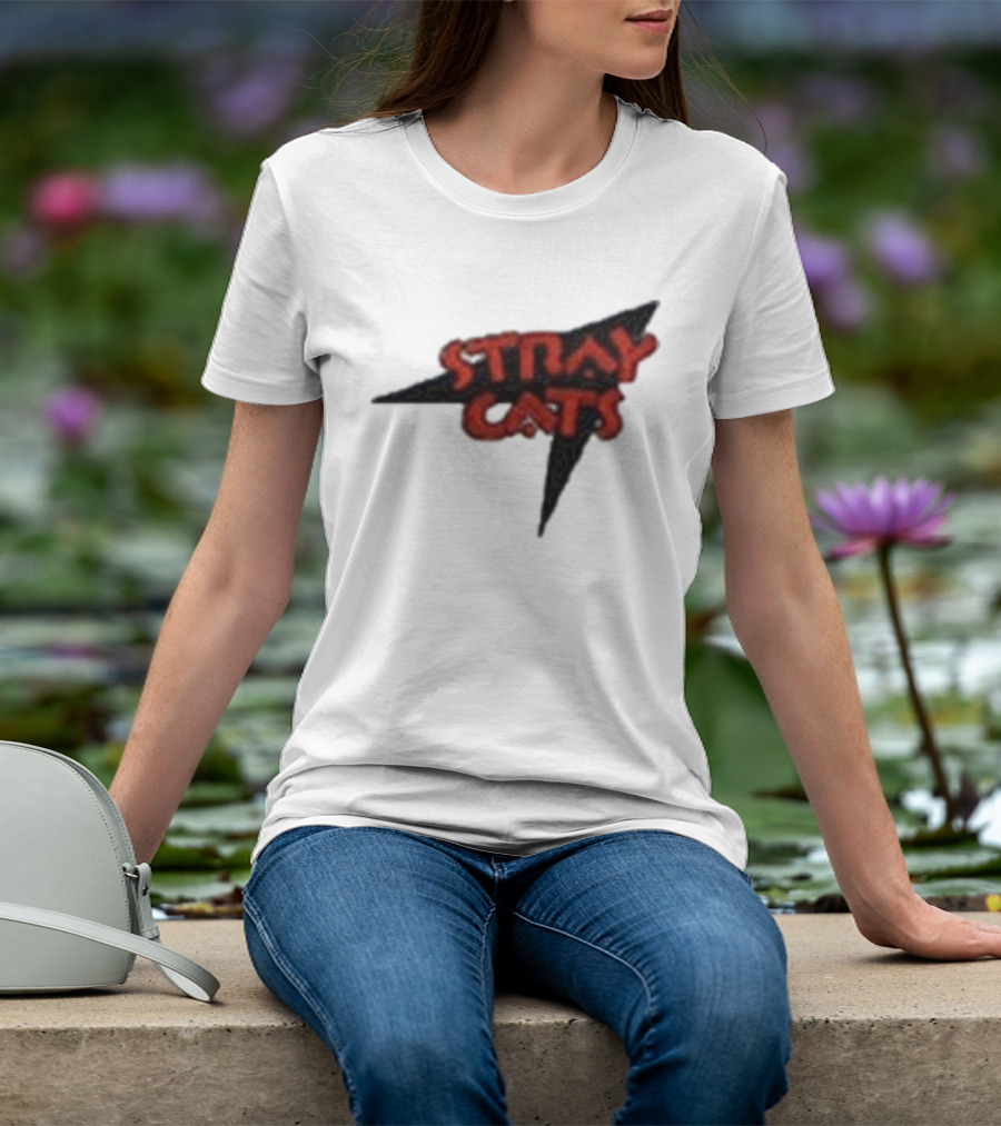 Stray Cats Rockabilly Band Red Text With Black Starburst Background T-Shirt
