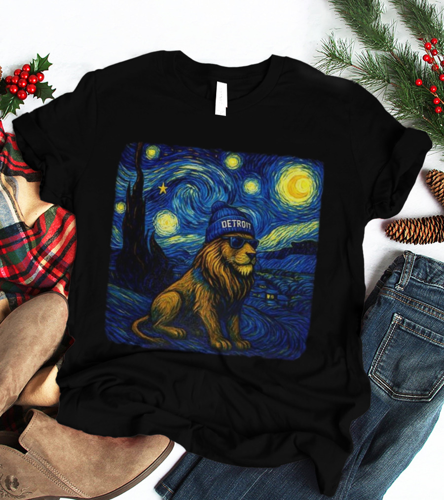 Detroit Lions Starry Night Van Gogh Style Lion With Beanie And Sunglasses T-Shirt