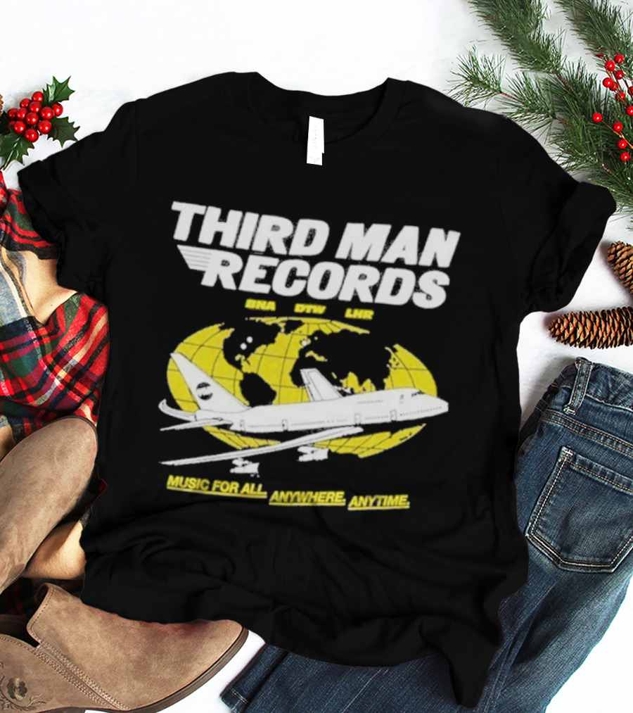 Third Man Records Music For All Anywhere Anytime Globe Plane T-Shirt