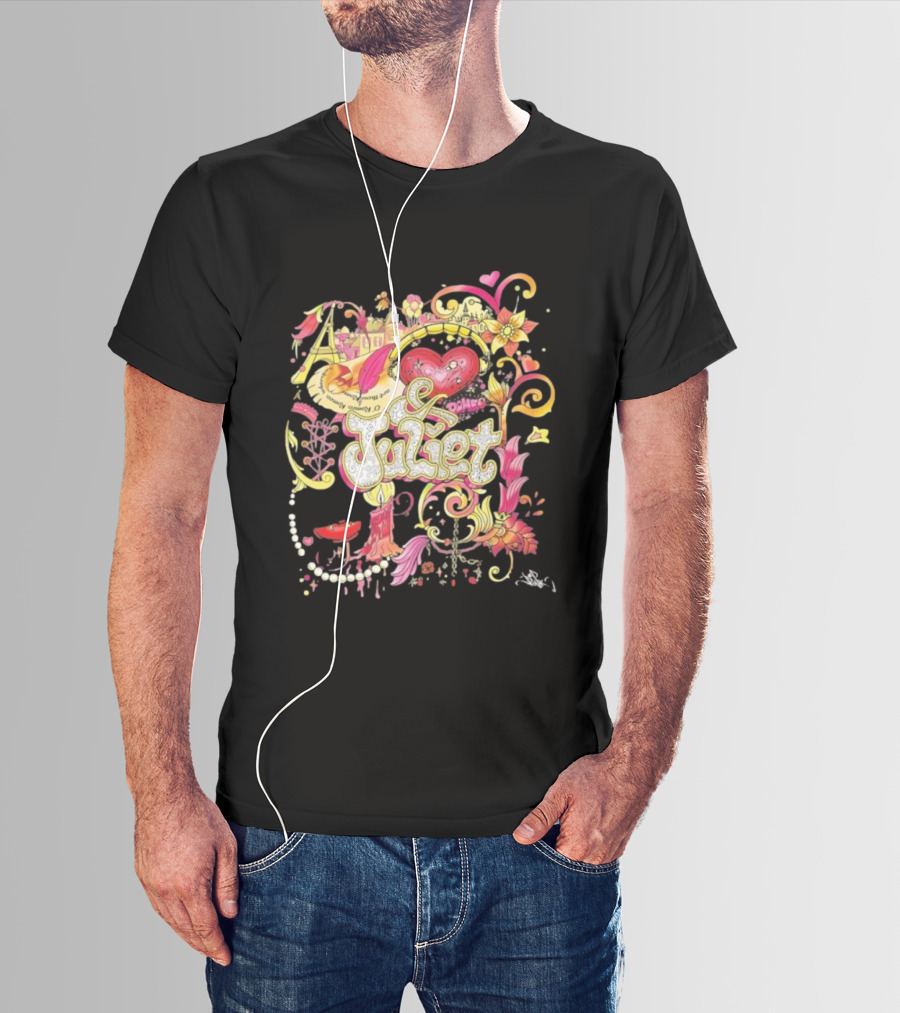 & Juliet Musical Love Hearts Flowers Colorful Art Romeo T-Shirt