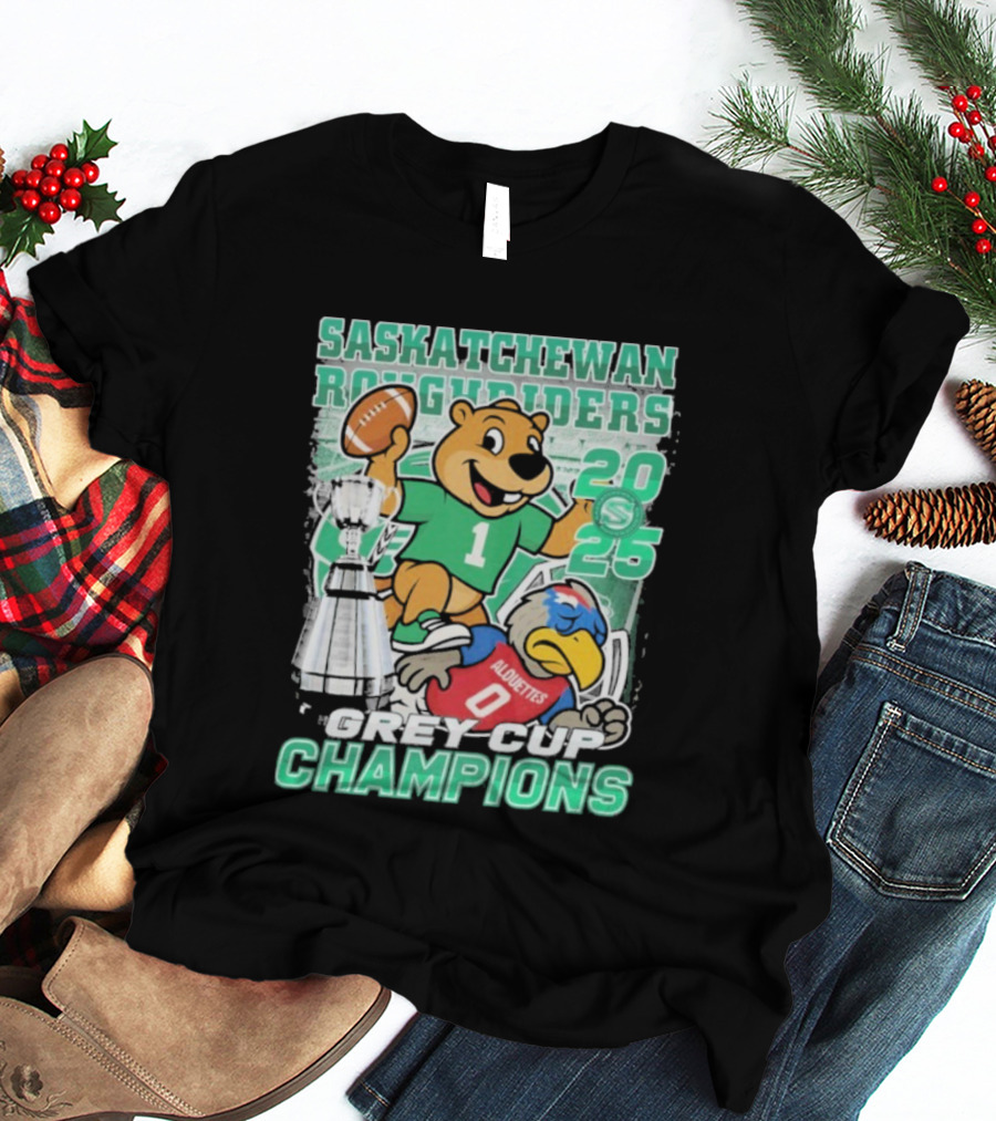 Saskatchewan Roughriders 2025 Grey Cup Champions Trophy Mascot Alouettes T-Shirt