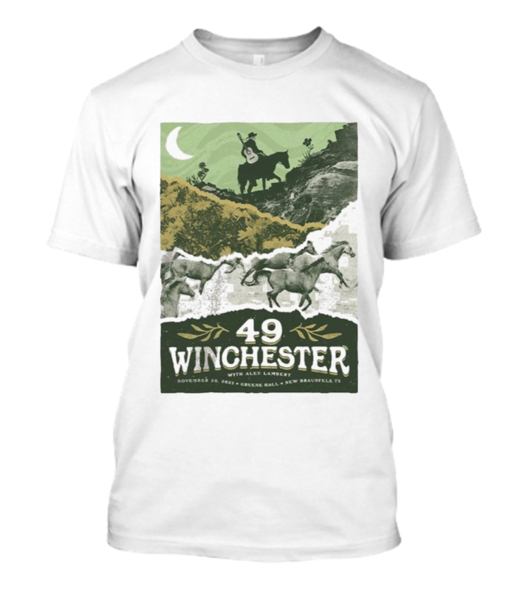 49 Winchester Alex Lambert November 20 2025 Gruene Hall New Braunfels TX Riding Guitar Moonlit Scene T-Shirt