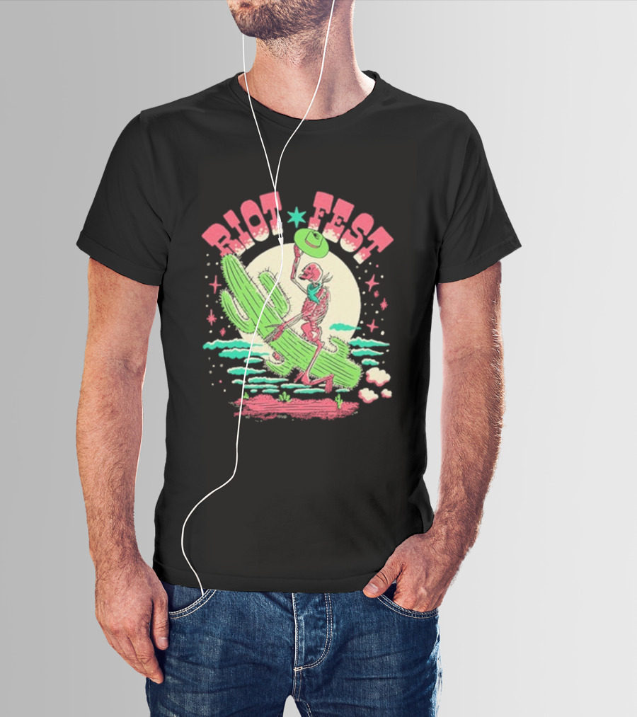 Riot Fest Skeleton Cactus Moon Scene Vintage Style T-Shirt