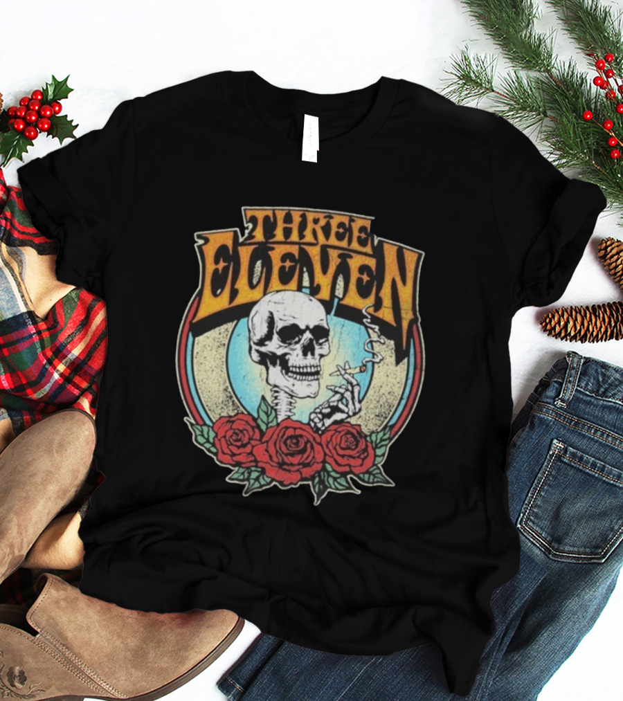 Three Eleven Smoking Skull With Roses Vintage Style T-Shirt