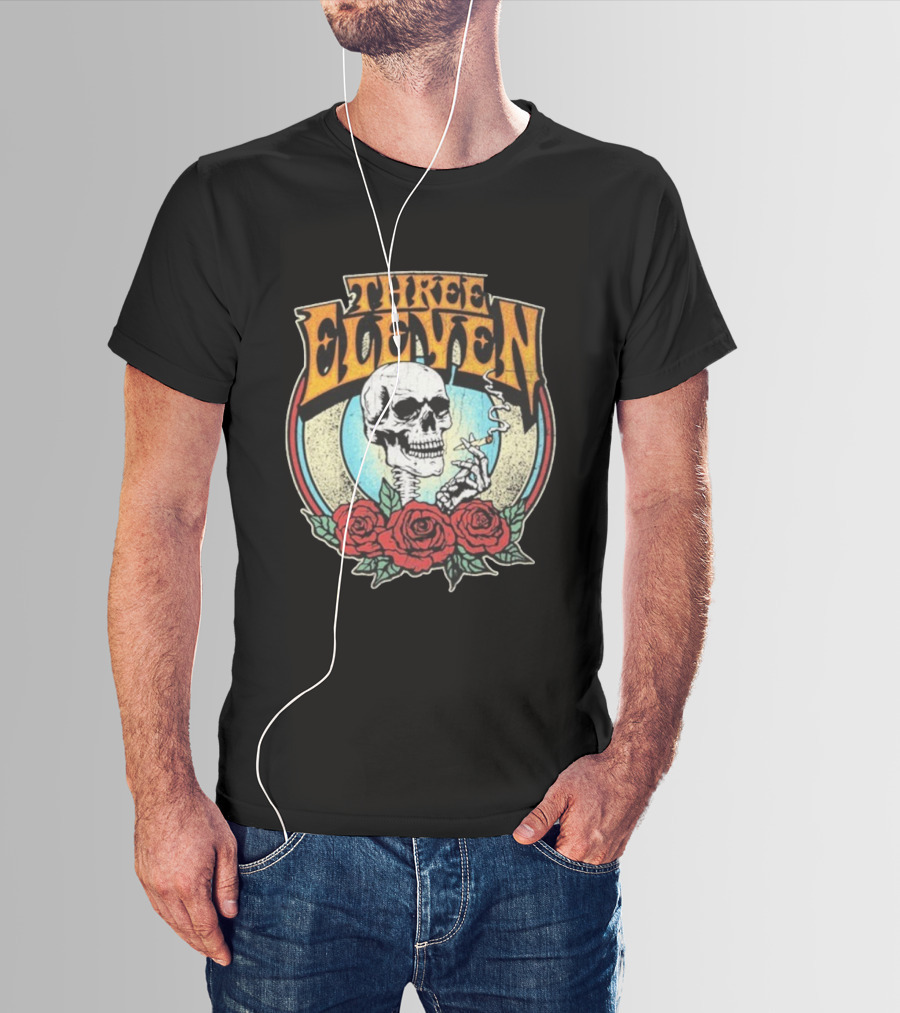 Three Eleven Smoking Skull With Roses Vintage Style T-Shirt