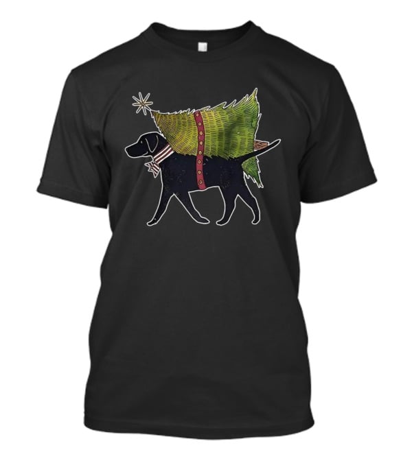 Black Lab Carrying Christmas Tree With Bow And Star T-Shirt