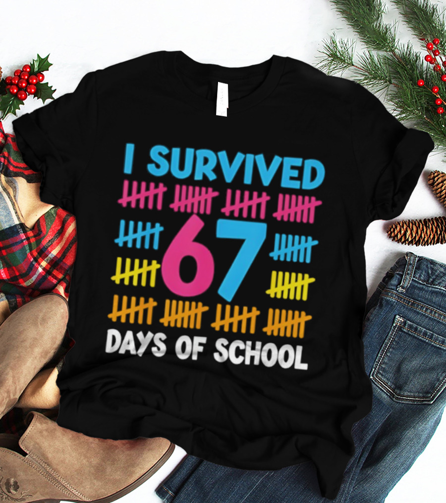 I Survived 67 Days Of School Colorful Tally Marks Fun Design T-Shirt