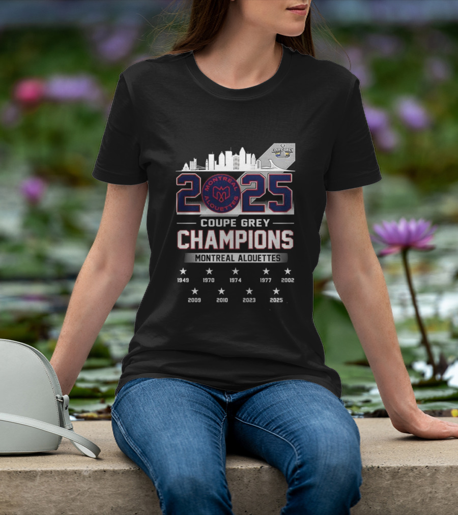 Montreal Alouettes 2025 Coupe Grey Champions City Skyline 1949-2002 T-Shirt